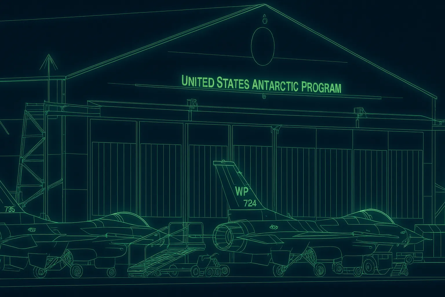Modern tech image of a military base with a depot and several fighter jets outside. The image is dark with all elements outlined in a neon green.