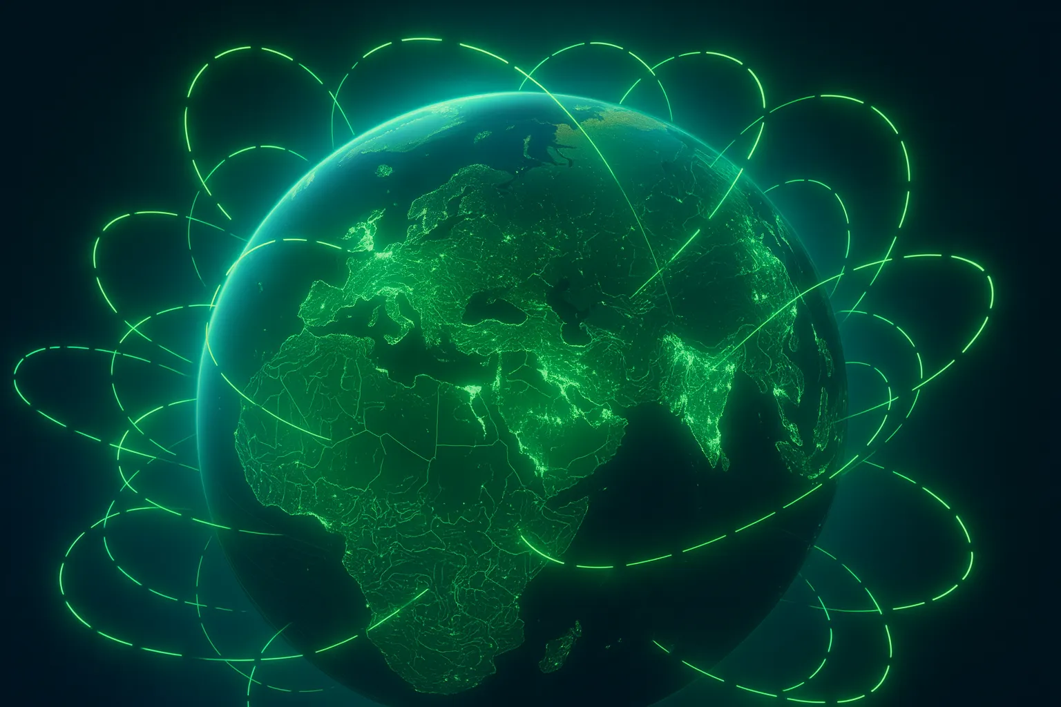 Image of the globe in neon green on black background with various lines intersecting around the globe in neon green to show signal movement around the world.