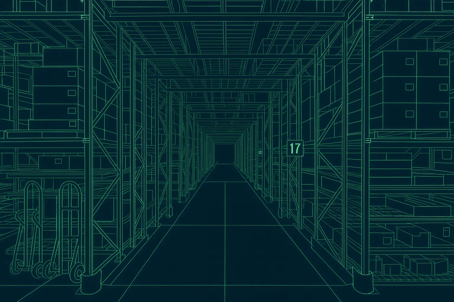 Modern Tech image of an interior view of a warehouse with racks from floor to ceiling and stacked with inventory and boxes. The color is dark with neon green outlines.