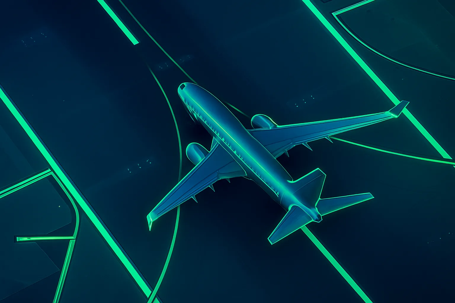 Image of a plane sitting on a runway.  The background is dark with modern highlights in neon green around the runway and on the plane. 