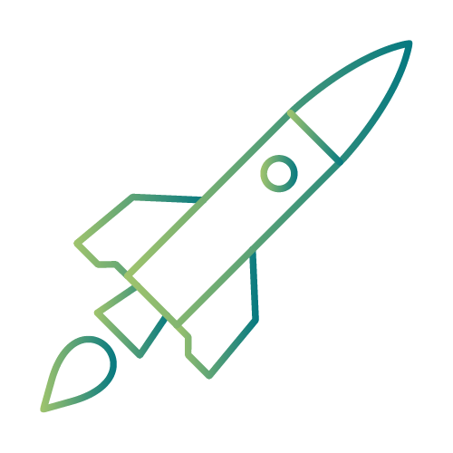 Icon showing a rocket launching.  The colors fade horizontally from yellow to a neon green. 