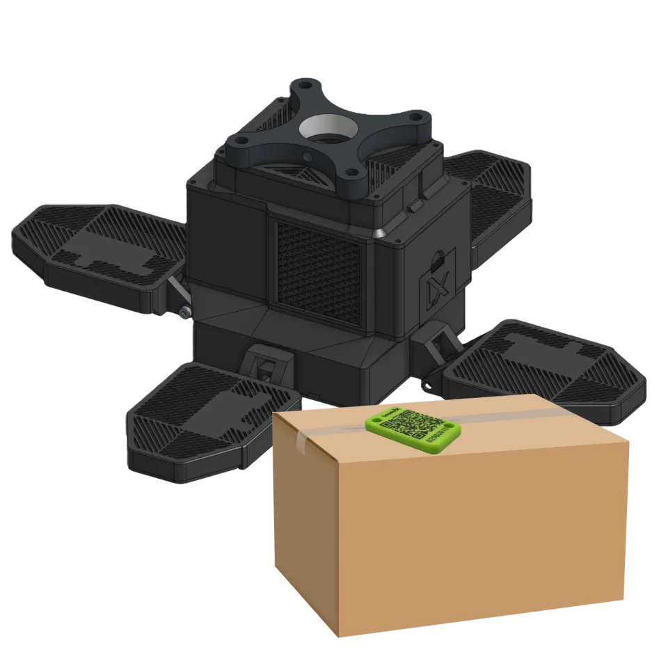 Image of a black box representing a BLE receiver behind a shipping box that has a green tracking sensor on the top of the box.