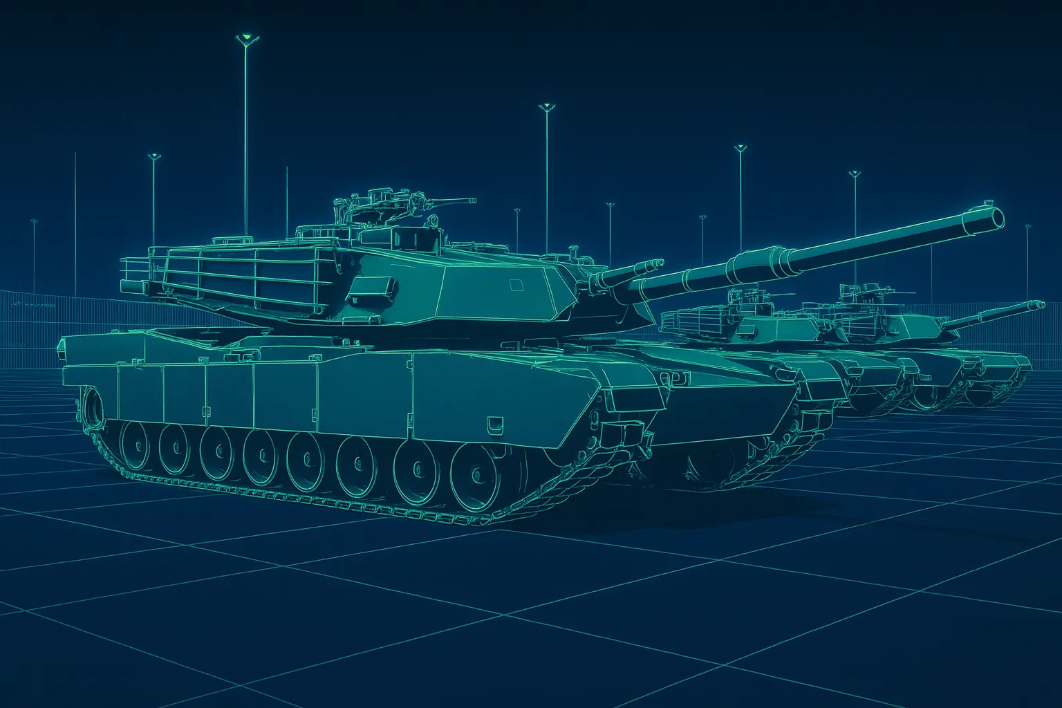 Modern tech image of a military tanker highlighted in neon green.