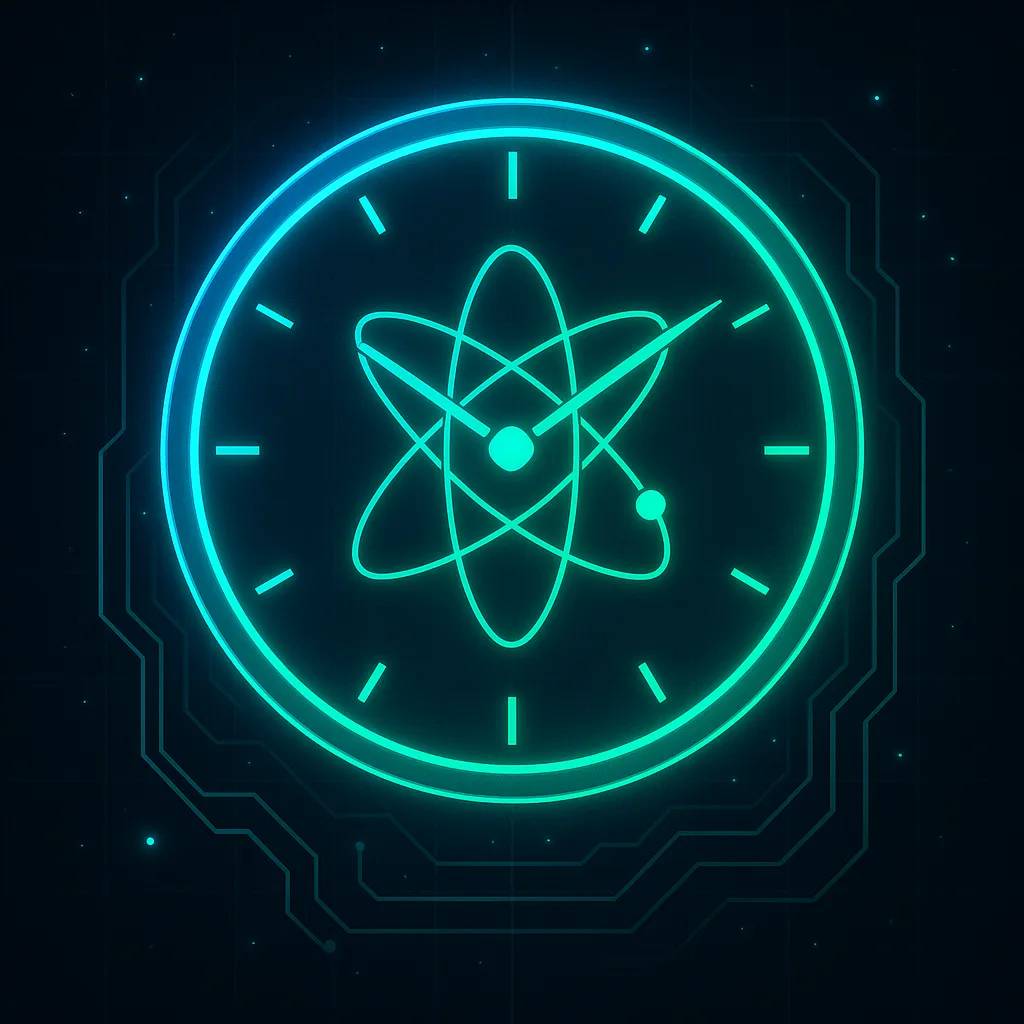 Image of atomic clock representation in neon green centered in the outline of a clock face. 