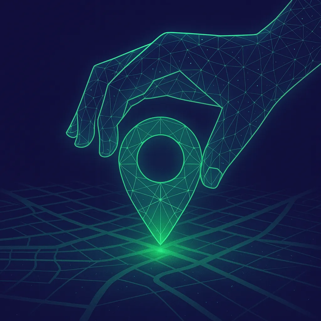 Image of modern tech looking location tag in neon green with a pixelated hand holding the tag in neon green outline. 