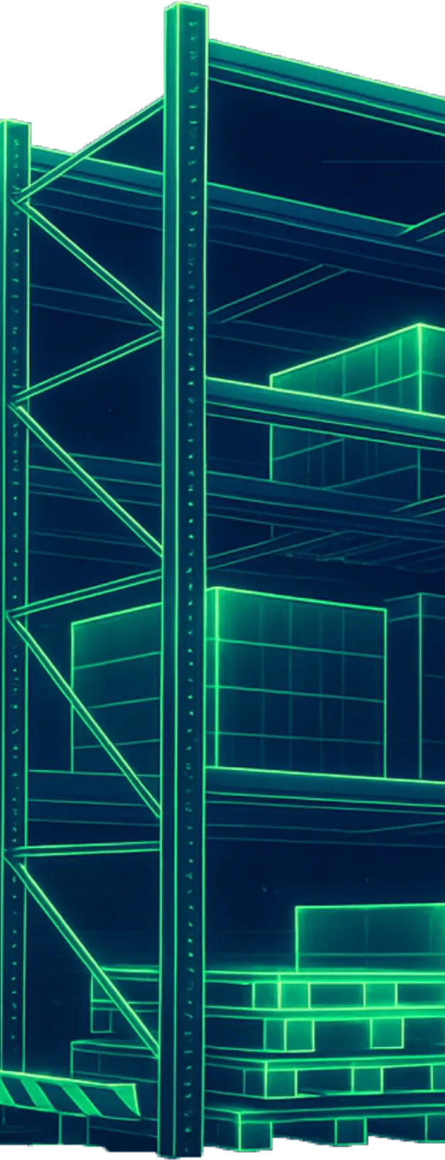 Modern tech image of a warehouse shelf in dark colors with pallets and boxes highlighted in neon green. 
