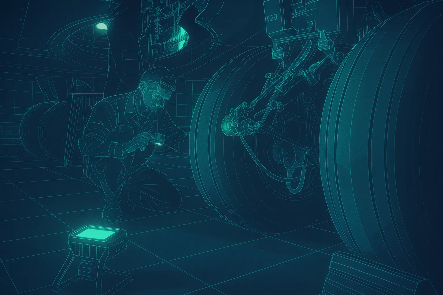 Modern tech image of plane landing gear with a maintenance worker looking at the tire. Everything is highlighted in a neon green for accept and to call attention to certain areas of light.