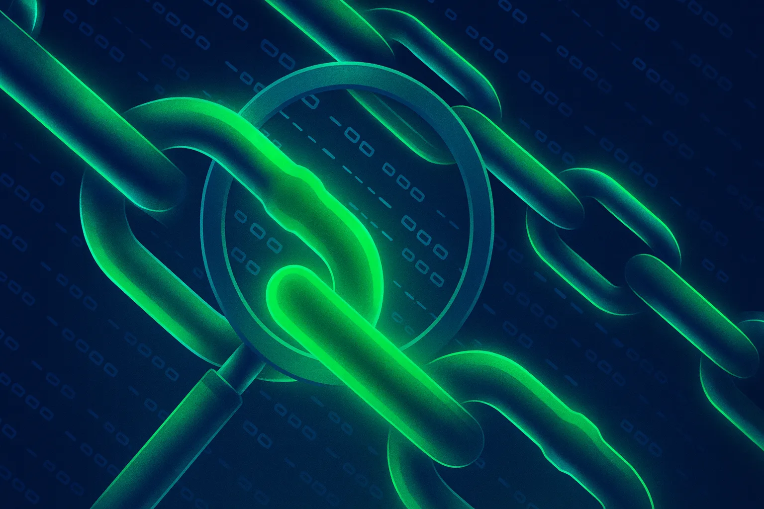 Close up image of a chain with neon green outline and a magnifying glass linked through one of the chains.