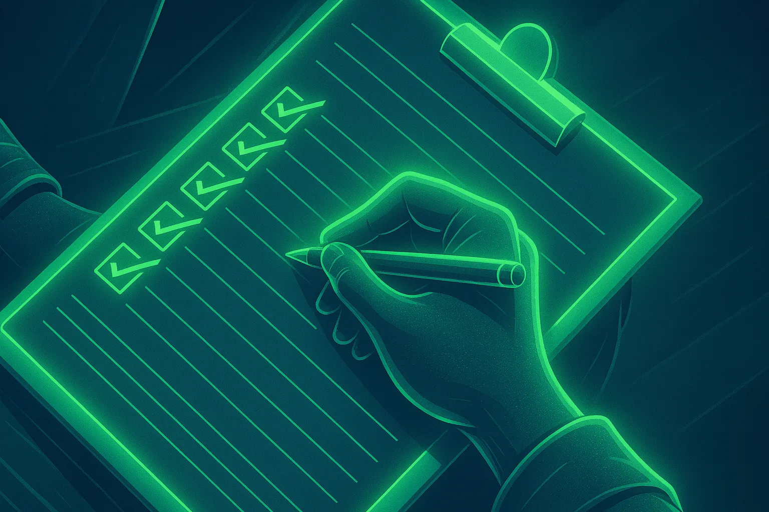 modern tech looking image of clipboard with checkboxes completed on a list with a hand holding a pencil over the list. The clipboard and hand are all highlighted in neon green.