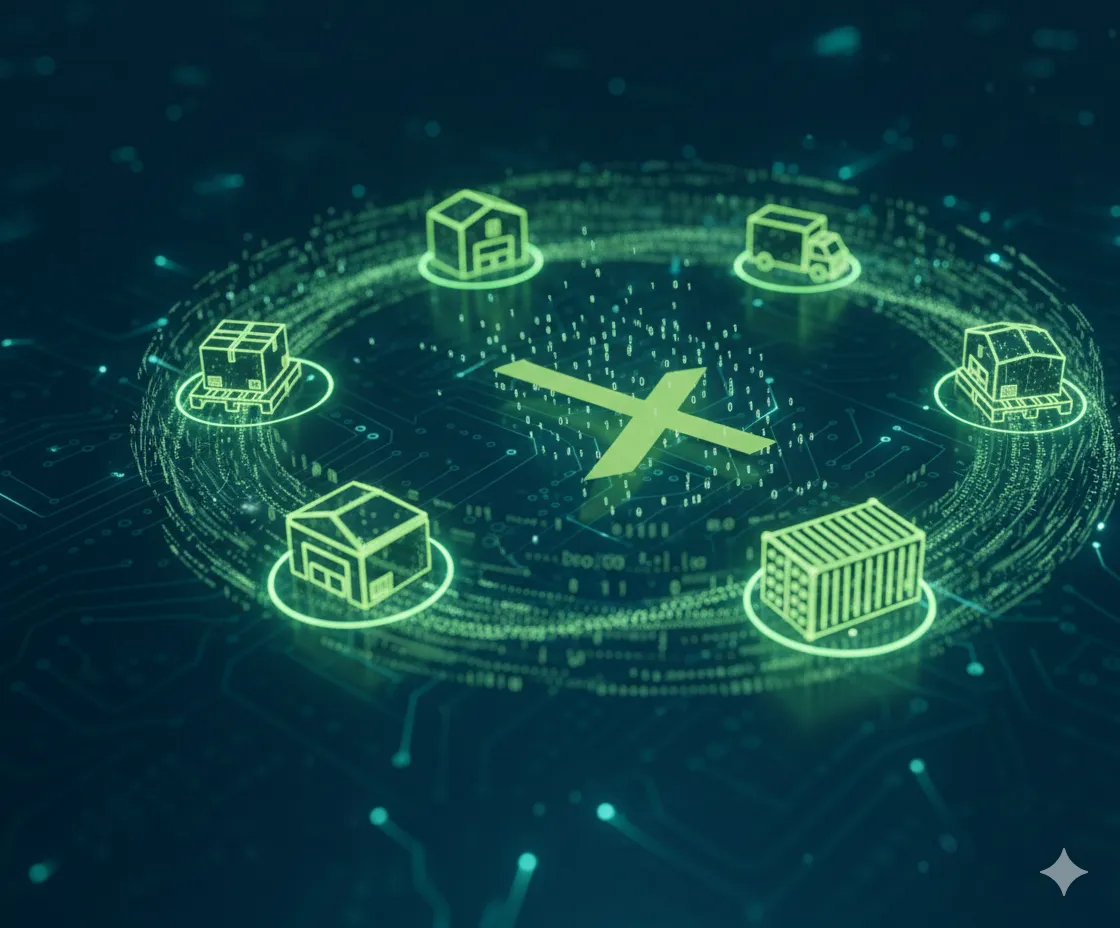 A modern tech image in black and green glow showing the letter X in the center with various locations surrounding the text