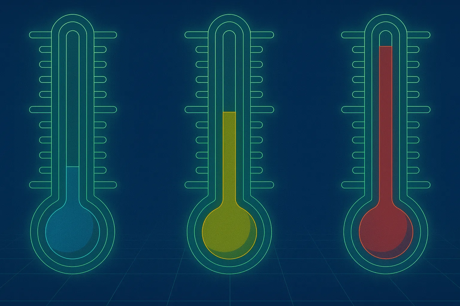 Image of three thermostats represented in blue, yellow, and red to indicated cool, warm, and and hot temperatures.