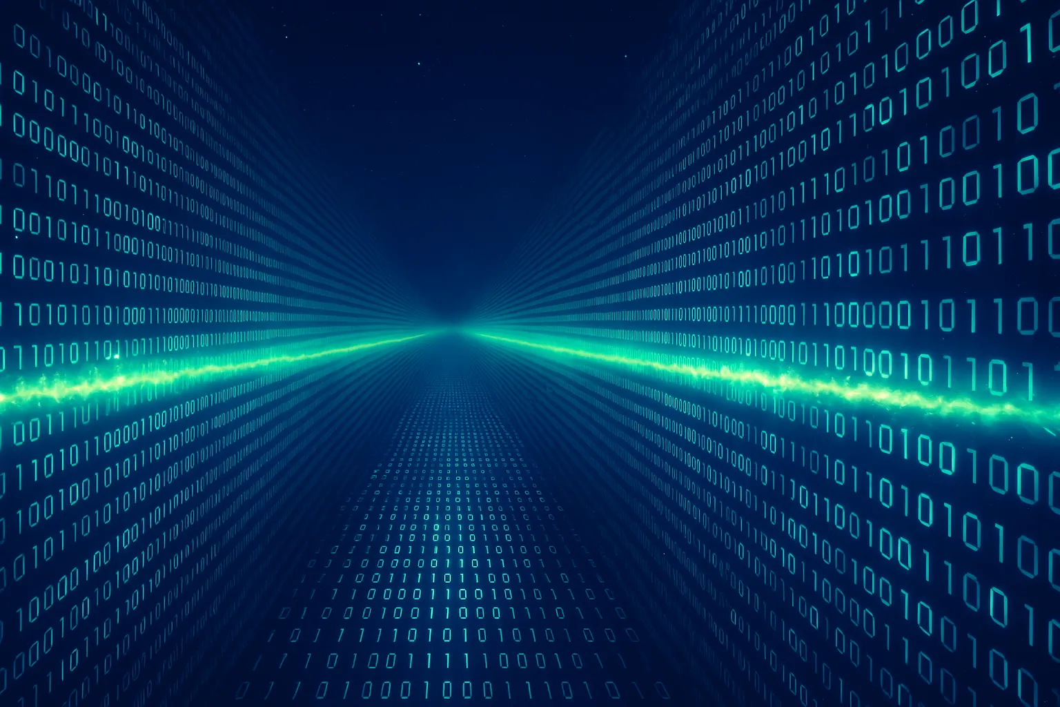 Image of zeros and ones representing code in neon green on a black background.  Numbers are fading into the background forming a tunnel like view with a sharp neon green line cutting through the center. 