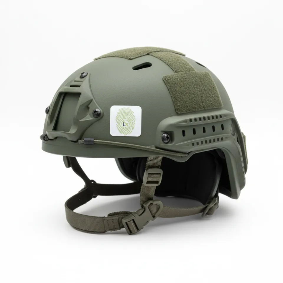 Image of a combat military helmet with a sticker showing a digital fingerprint in green applied to the side of the helmet. 