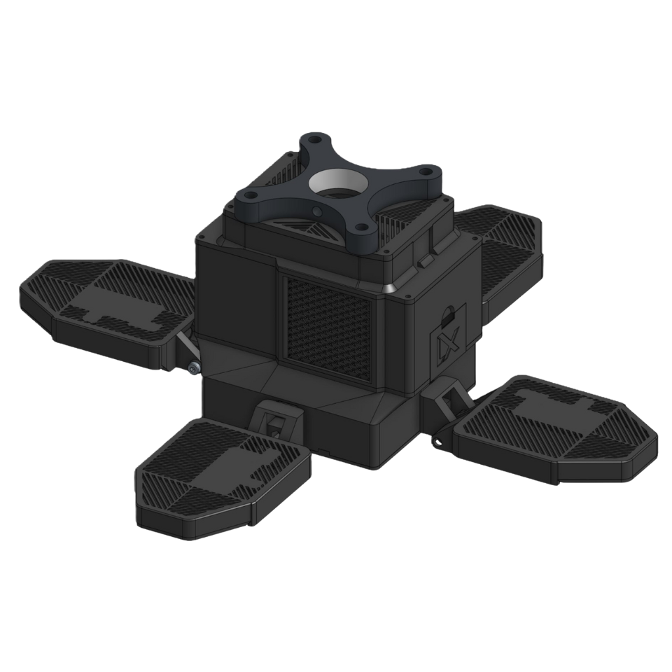 Black box with four extensions - one on each side of the box. 