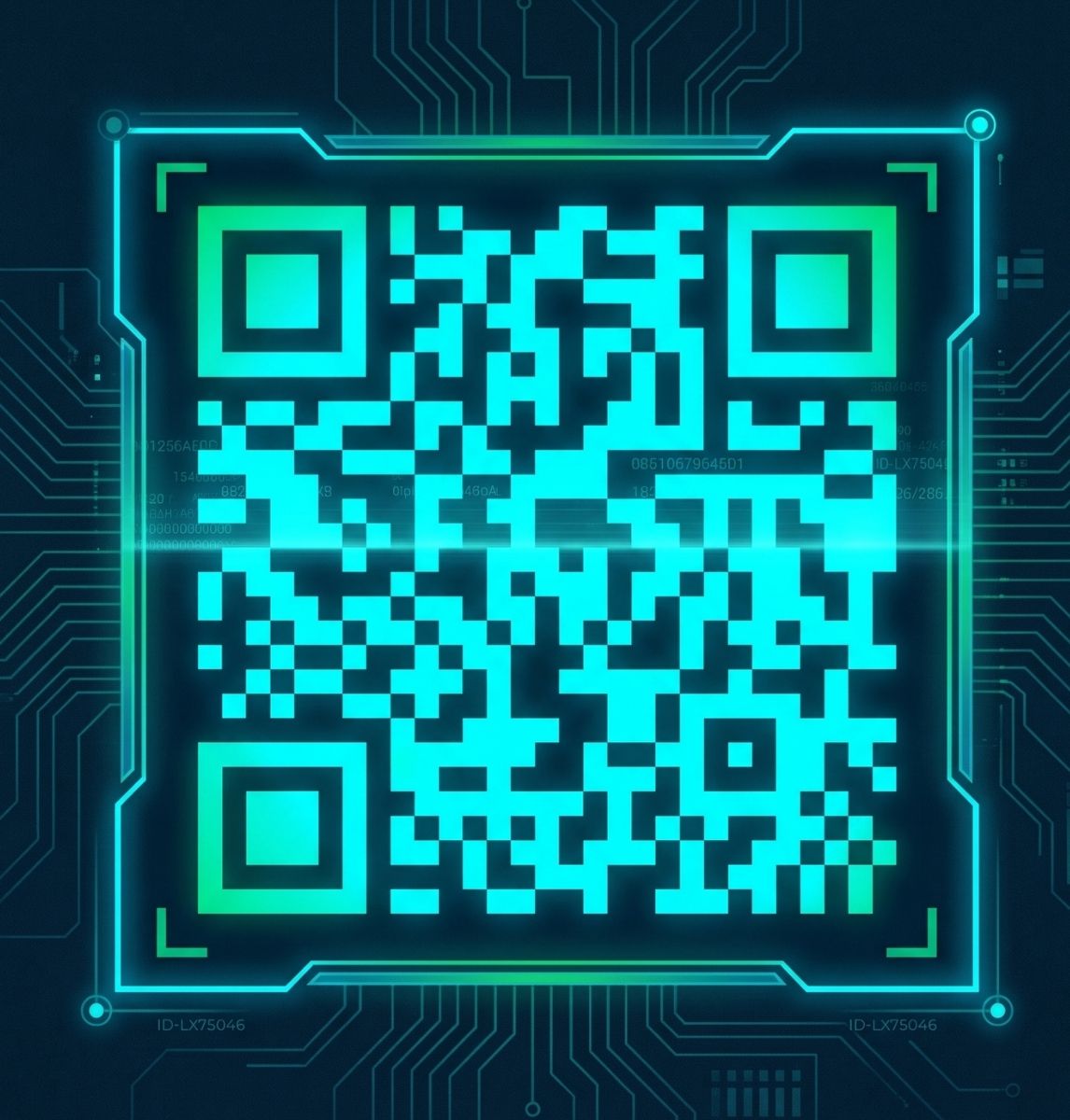 Glowing blue and green QR code with a futuristic, circuit board-inspired background and digital elements.