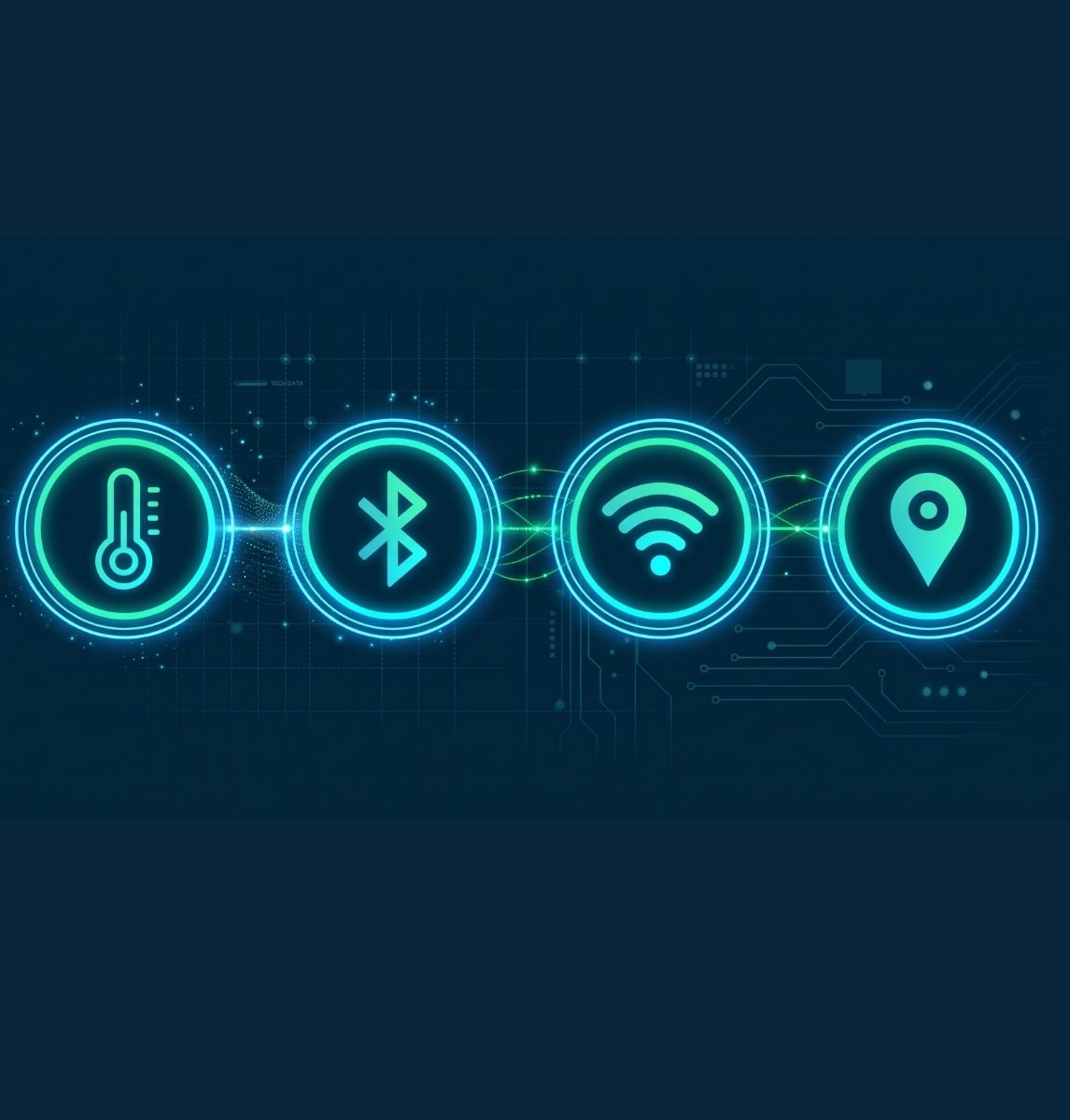 Four glowing neon blue icons on a dark grid background including a thermometer, Bluetooth symbol, Wi-Fi signal, and location pin, connected by flowing light lines illustrating wireless technology and data connectivity.