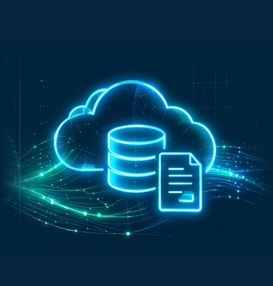 Glowing blue digital cloud icon behind a stacked database icon and a document icon with lines and a signature, set against a dark background with flowing light trails and dotted network patterns.