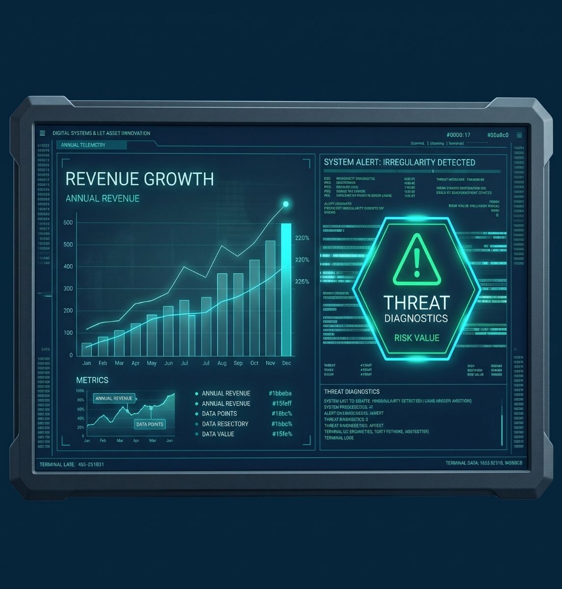 Digital screen displaying annual revenue growth with a bar and line graph showing rising values from January to December, reaching over 600 and 220% respectively, accompanied by metrics, and a system alert on the right side indicating irregularity detected with a glowing hexagon warning symbol labeled 'Threat Diagnostics' and 'Risk Value'.