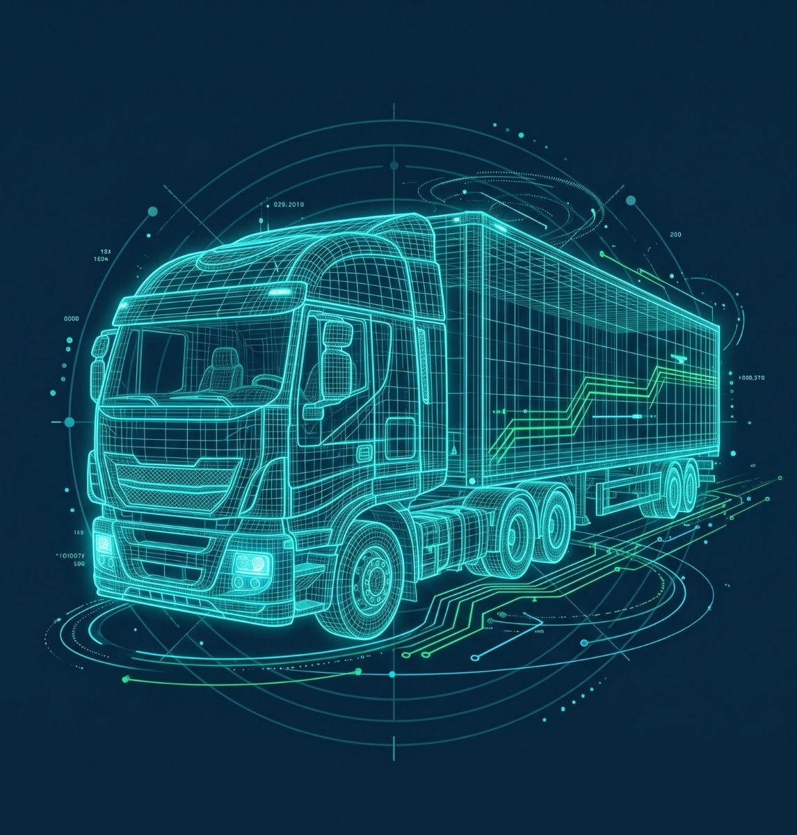 Digital wireframe rendering of a semi-truck with a trailer, shown with circuit-like and circular data visualization elements in a futuristic style on a dark background.
