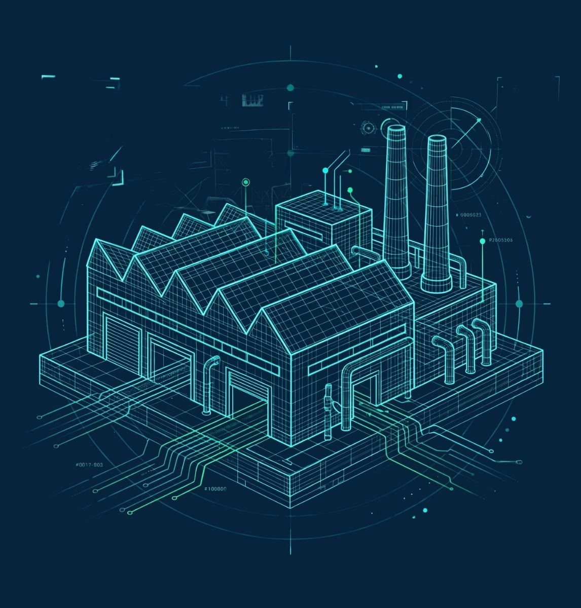 Digital wireframe 3D model of a factory or industrial plant with multiple connected buildings, two tall chimneys, rooftop details, and pipes extending from the structure, set against a dark background with technical and circuit-like overlays.