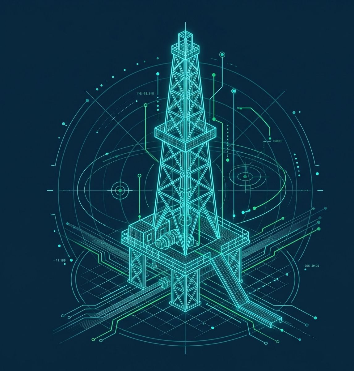 Digital wireframe illustration of an oil rig platform with technical circuitry and data visualization elements around it on a dark blue background.