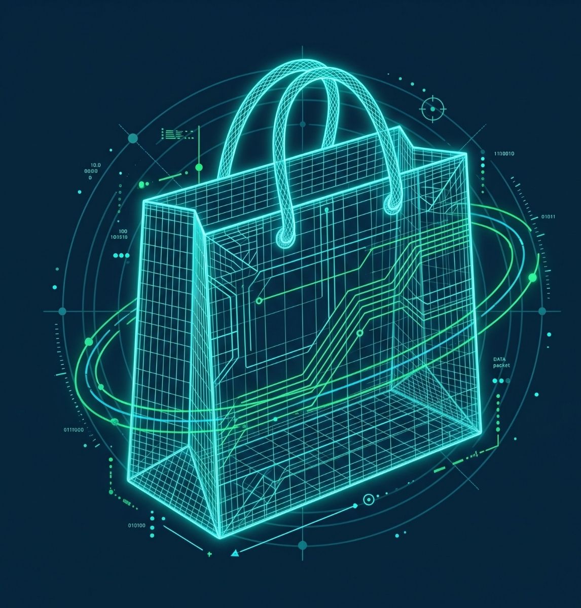 Glowing digital wireframe of a shopping bag surrounded by circular data lines, binary code, and circuit-like graphics on a dark background, symbolizing digital commerce or e-commerce technology.
