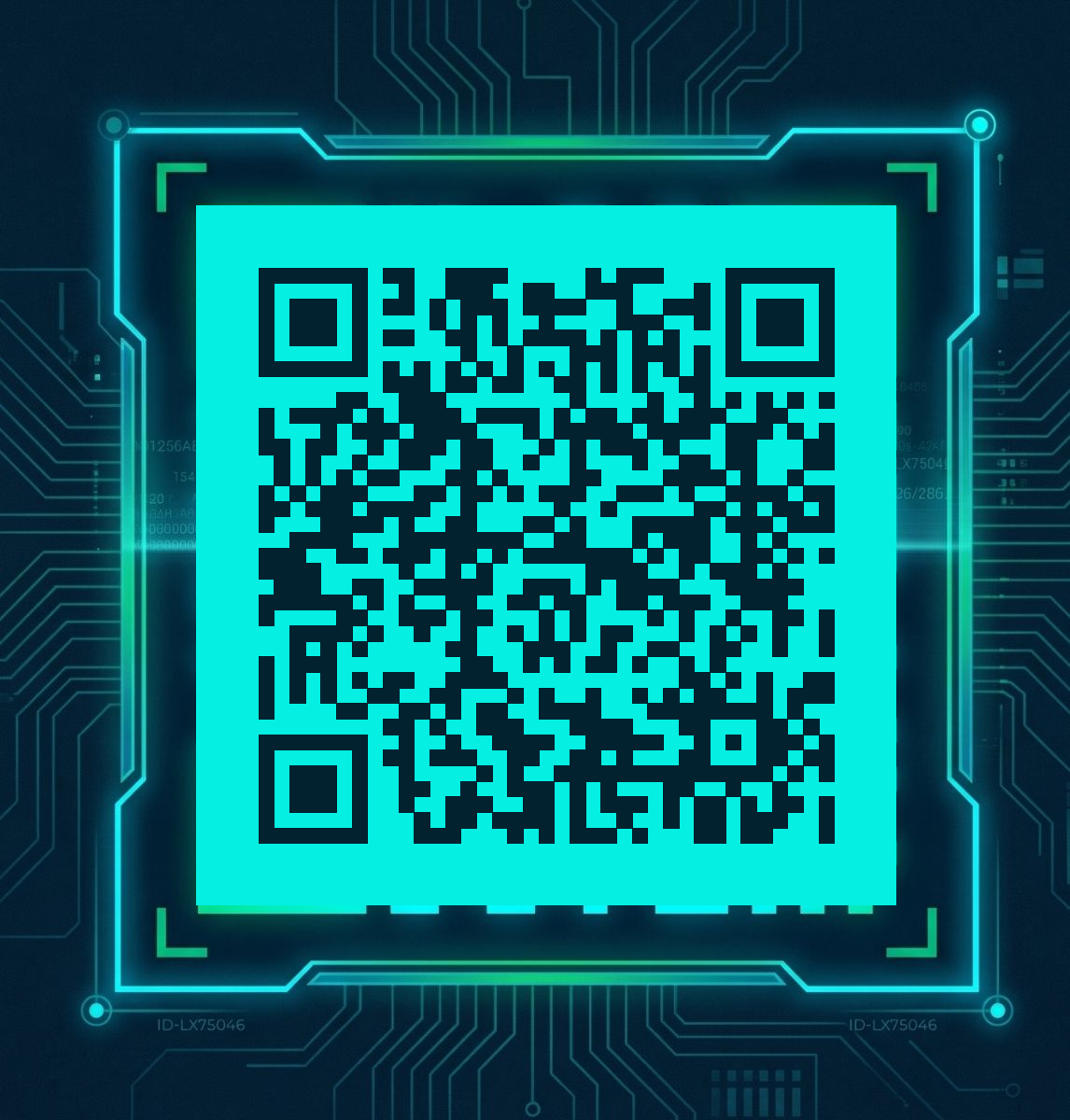 A glowing turquoise QR code centered on a dark circuit board background with neon blue and green accents framing the code.