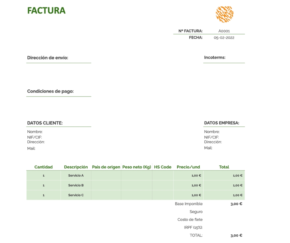 Plantilla de factura de exportación en España (en castellano)