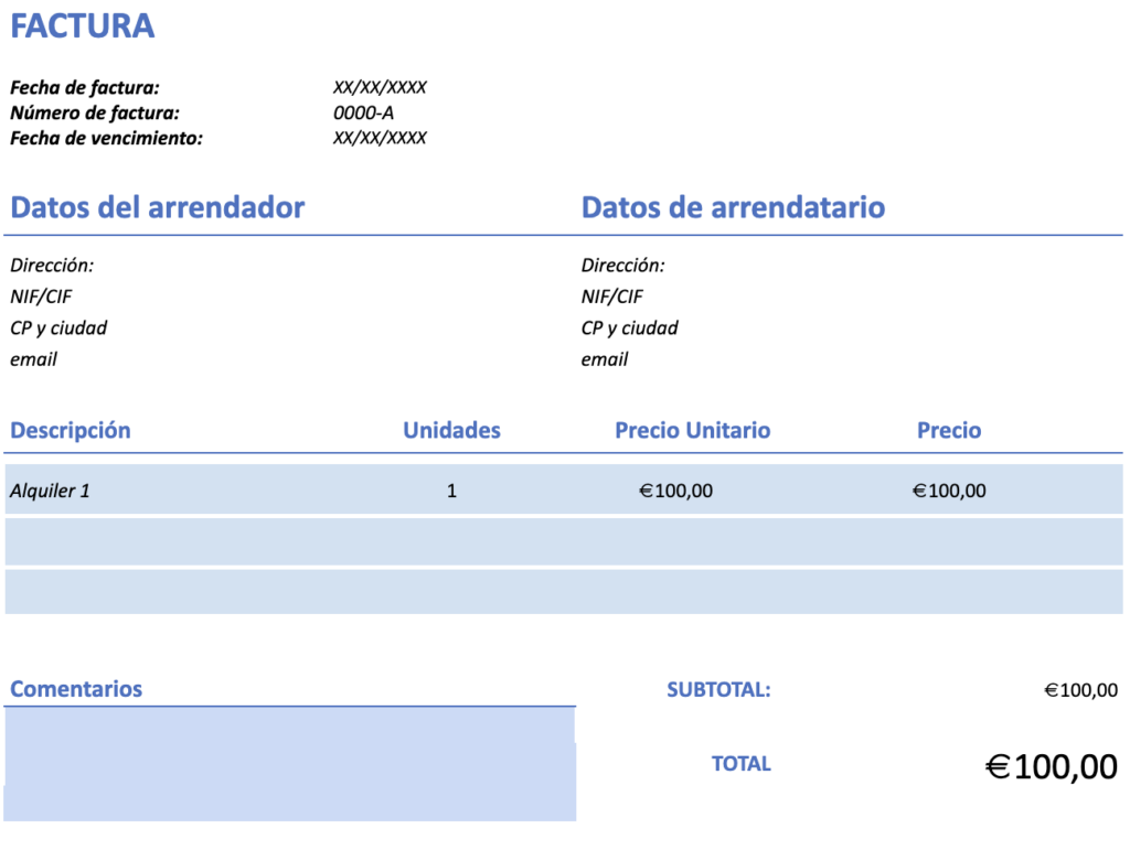Modelo factura alquiler vivienda sin IVA: plantilla azul