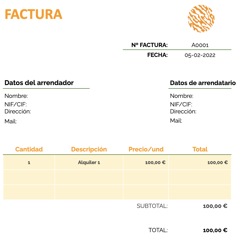 Modelo factura alquiler vivienda sin IVA: plantilla naranja