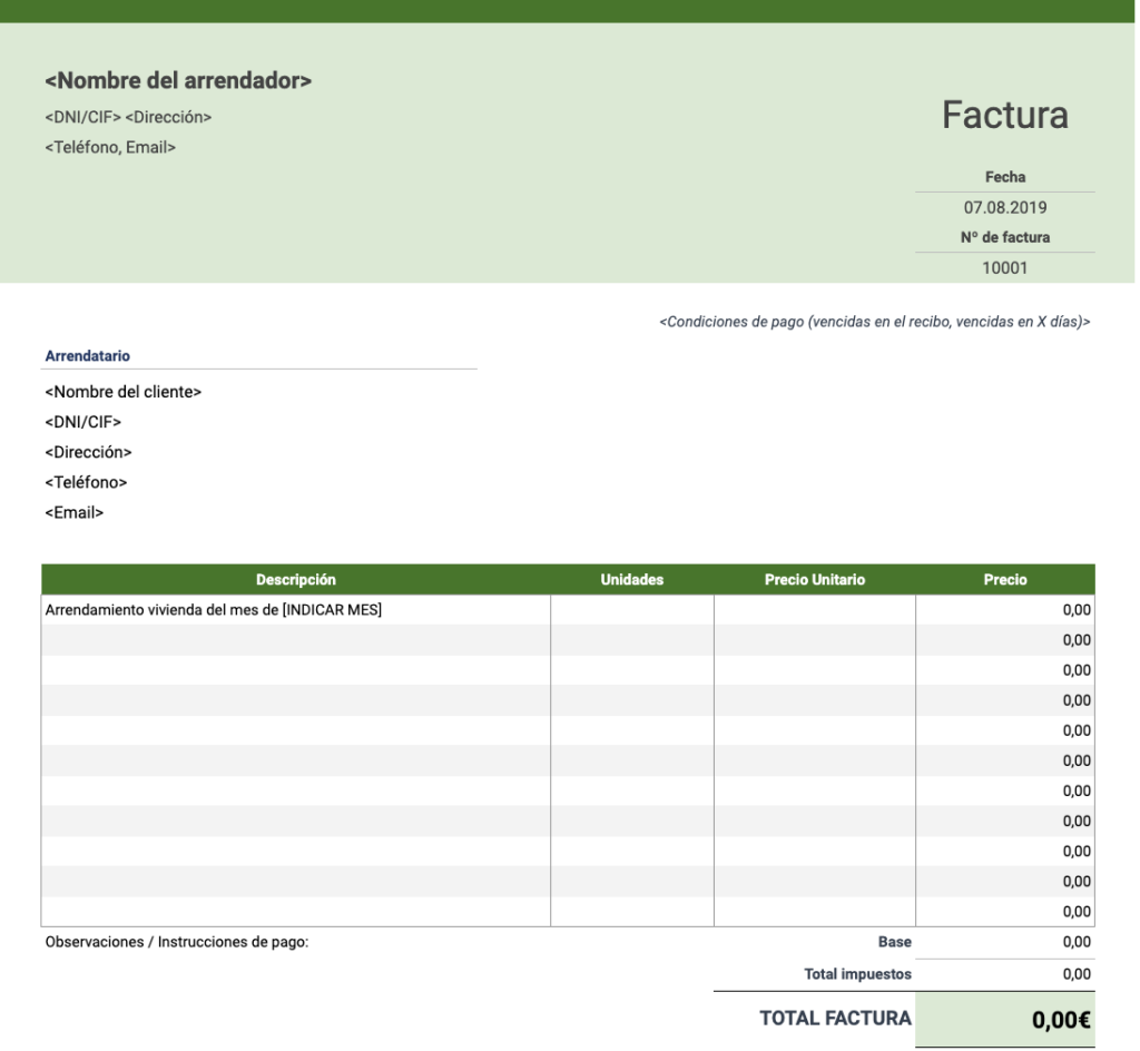Modelo factura alquiler vivienda sin IVA: plantilla verde
