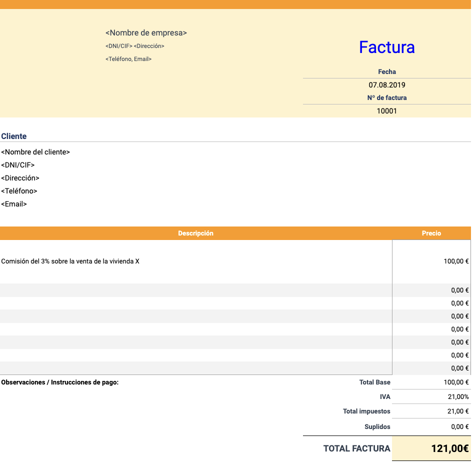Modelo de factura por intermediación inmobiliaria: sin IRPF