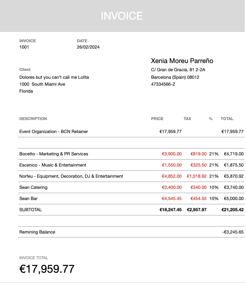 Modelo de factura por intermediación inmobiliaria en inglés
