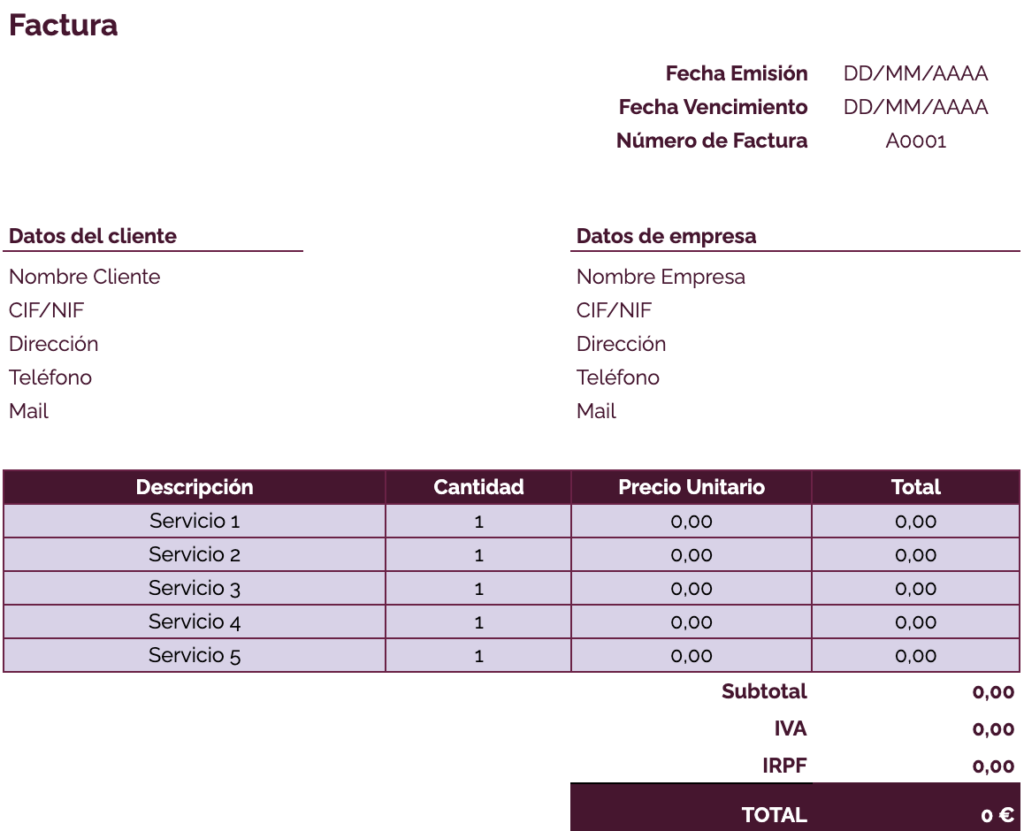 Modelo de factura por intermediación inmobiliaria: plantilla morada