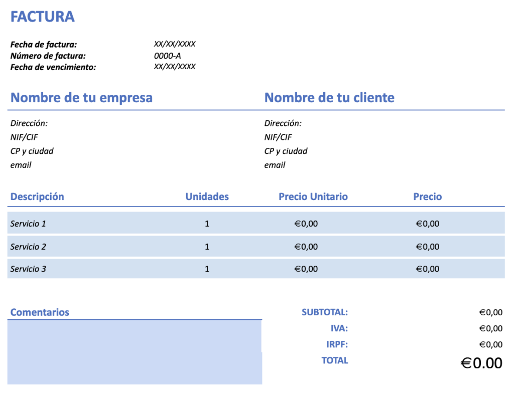 Modelo de factura por intermediación inmobiliaria: plantilla azul