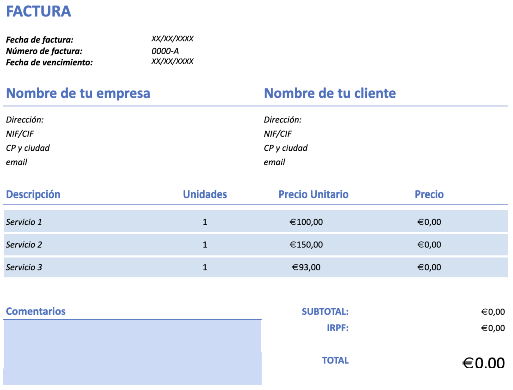 Modelo de factura de comunidad de propietarios: plantilla azul