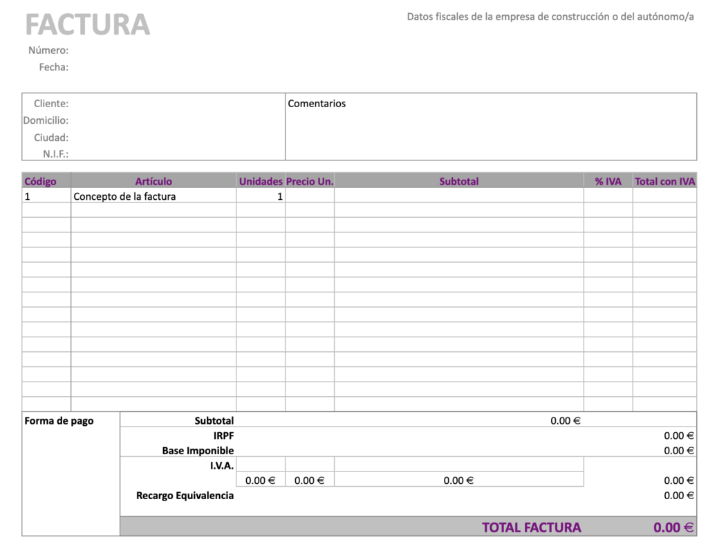 Modelo de factura de construcción