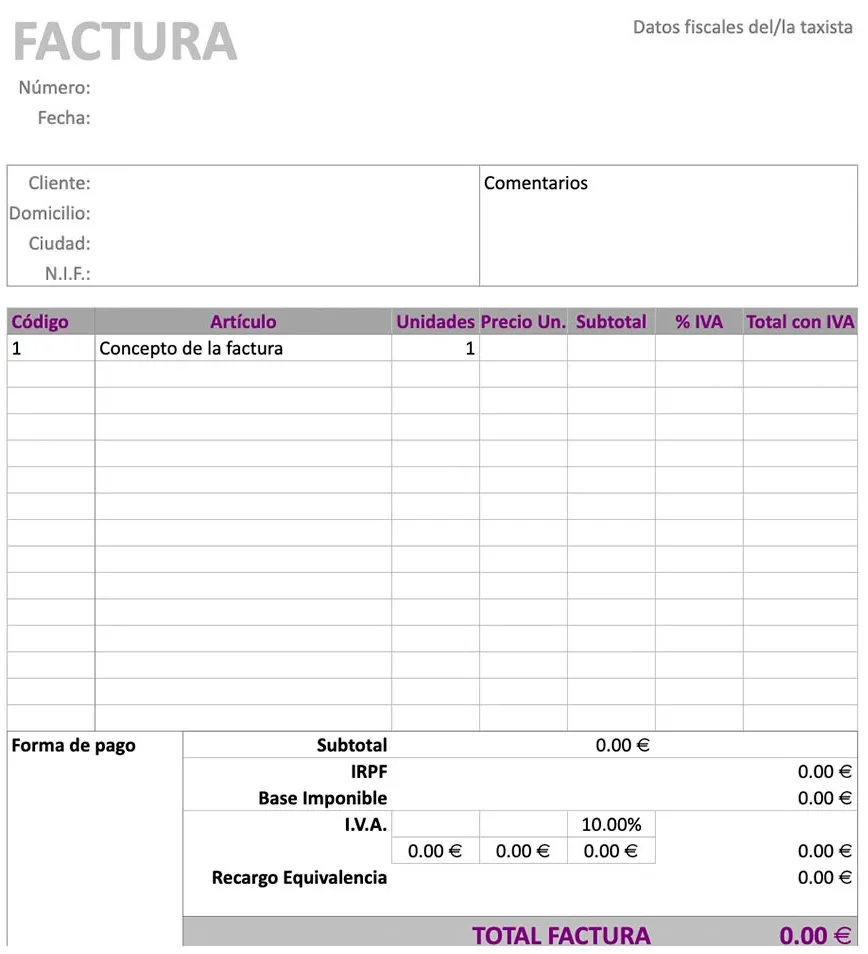 Modelo de factura de taxi: plantilla morada