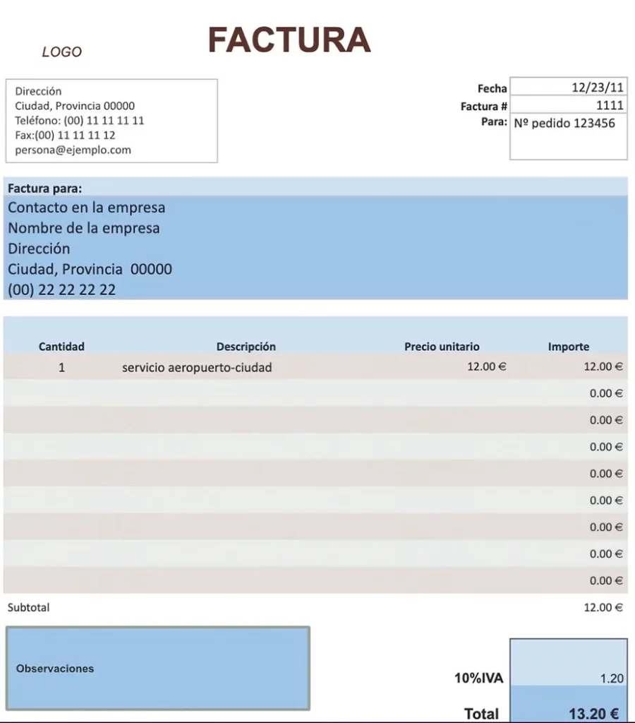 Modelo de factura de taxi: plantilla azul