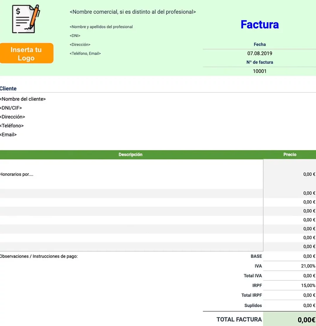 Modelo de factura de honorarios de un taxista