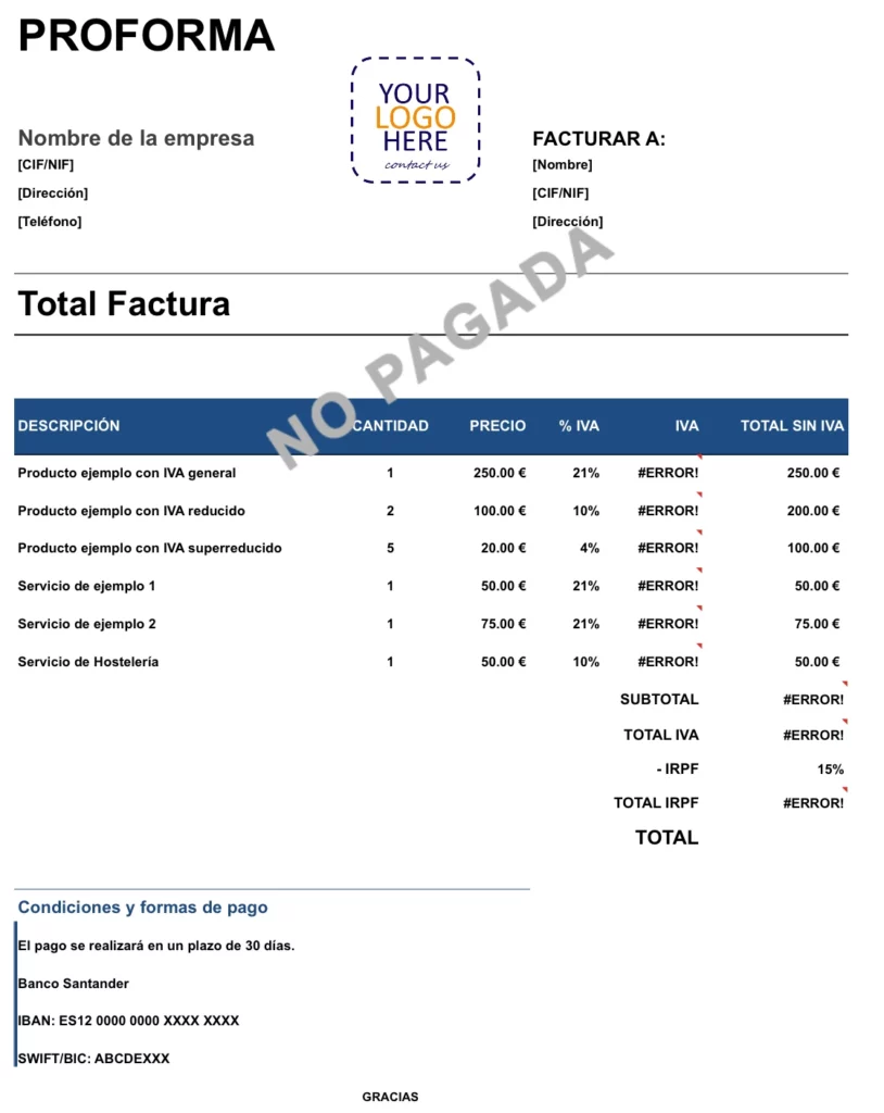 Plantilla de factura proforma: modelo azul
