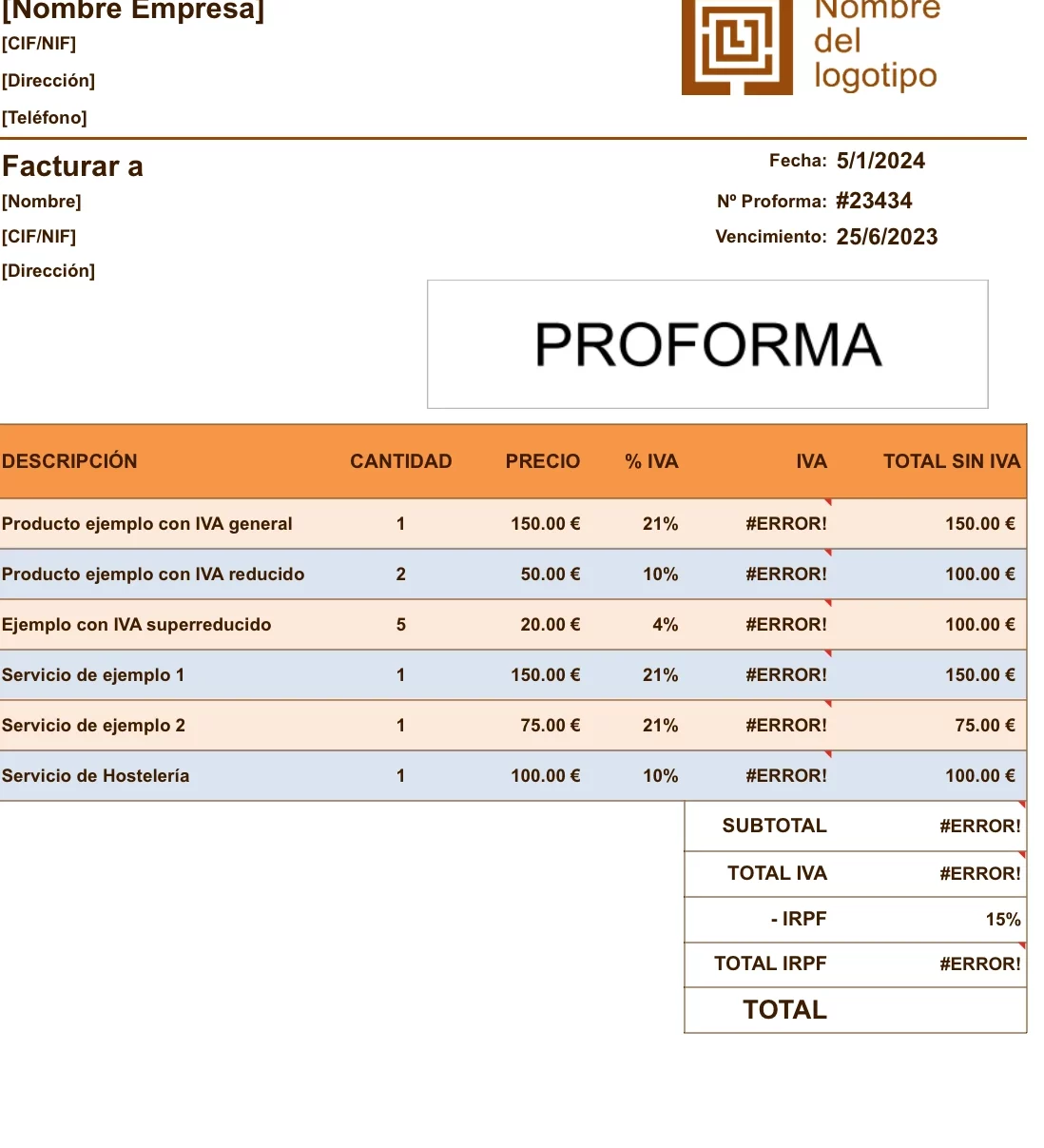 Plantilla de factura proforma: modelo naranja