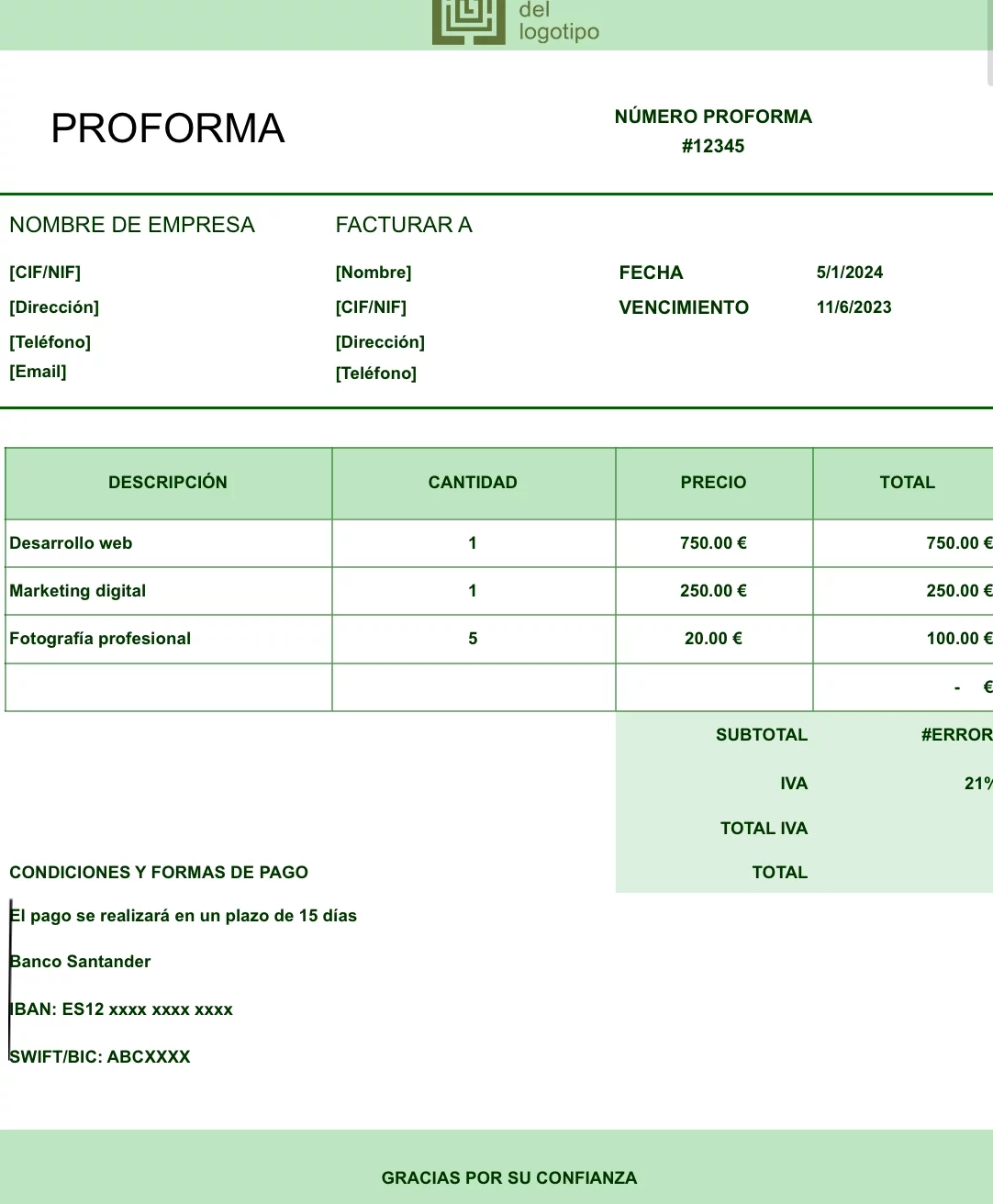 Plantilla de factura proforma: modelo verde