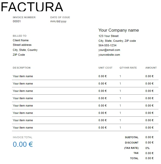 Modelo de factura de taller mecánico en inglés