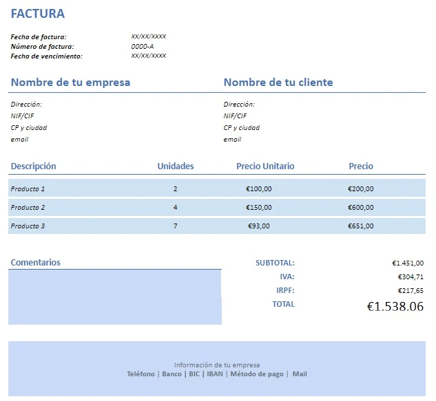 Modelo de factura de taller mecánico: plantilla azul