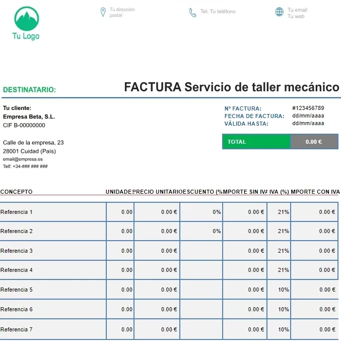 Plantilla de factura de servicio de taller mecánico