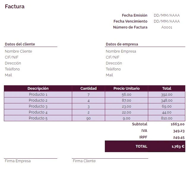 Modelo de factura de taller mecánico: plantilla morada