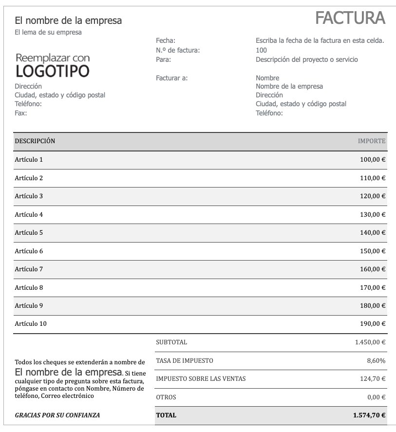 Plantilla con cálculo de impuestos