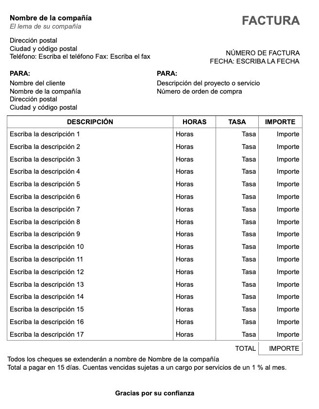 Plantilla de factura para cobrar por horas.