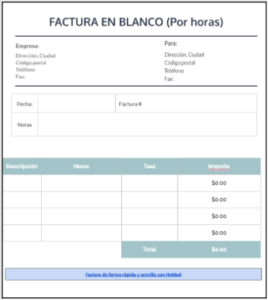 Plantilla de factura de servicios con horas y tarifas en Word